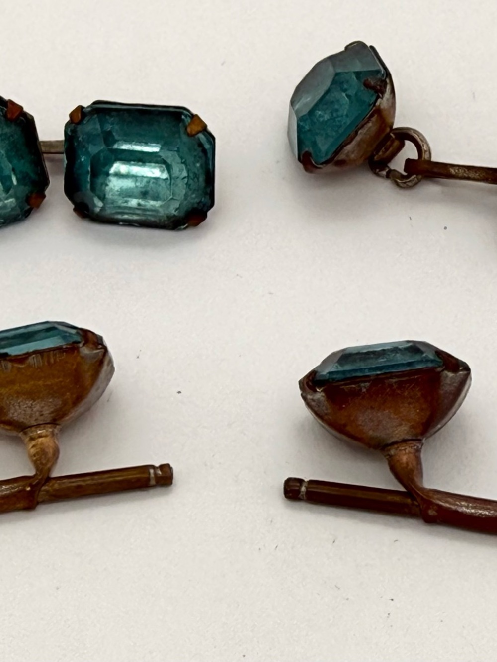 Vintage Copper Brass Cushion Cut Aqua Blue Czech Glass Rhinestone Cufflinks Set - Picture 2 of 5